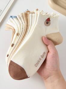 5 Pairs Women Cute Cartoon Animal Print Breathable Striped Polka Dot Ankle/Crew Socks, White, Suitable For Casual Daily Wear, Autumn/Winter - Multicolor - View 9