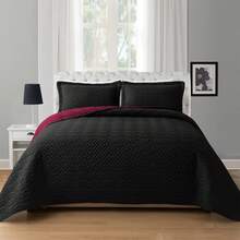 Elegant Comfort 3pcs Majestic Quilt Set Bedspreads, Ultra-Soft Comfortable Bedspread With 2 Pillow Shams Bedding, Machine Washable, Quilted Reversible Bedspread Coverlet Set, Full/Queen, King/California King And Twin/Twin XL Size Bed For All Seasons, Christmas Decorations Gifts, Cozy Winter Styles, Holiday Décor - 黑色/酒紅色 - 查看 3