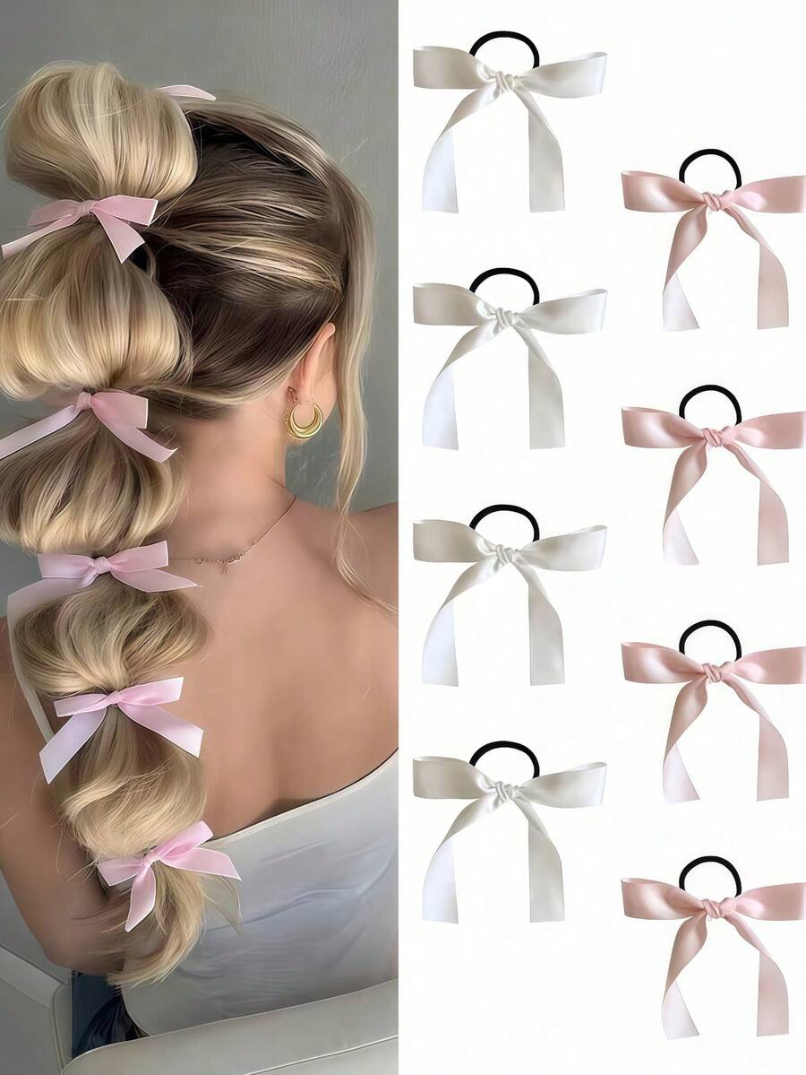4/8/16pcs Multi-Function Hair Tie, White & Pink Satin Ribbon Hair Accessories Bow Hair Ties. Elegant & Simple Korean Style Hair Ties, Suitable For Women & Girls Daily Use, Gifts And Photography Props. ,Ponytail Holders ,Hair Elastics ,Hair Rubber Bands ,Scrunchies ,Hair Rope