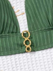 Women's Elegant Backless Tie Bikini Set, High Slit Swim Bottoms, Golden Ring Detail - Olive Green - View 6