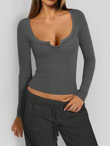 Camiseta ajustada de manga larga con escote de ojo de cerradura acanalado, estilo Y2K, delgada y sexy para salidas - Gris Oscuro - Ver 3