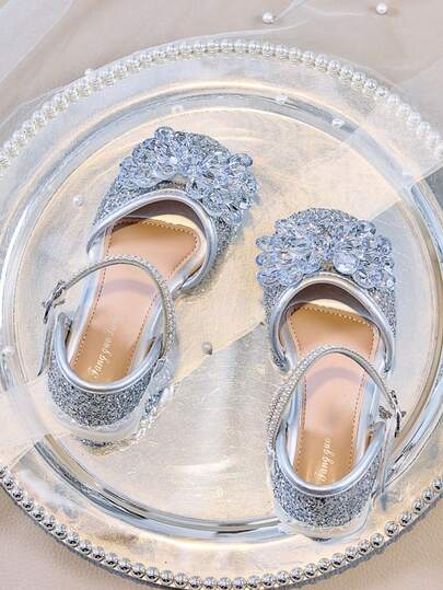 1 Pair Children's Crystal Princess Closed Toe Sandals, Girls High Heel Glitter Rhinestone Bowknot Sandals Suitable For Party, Dance Performance