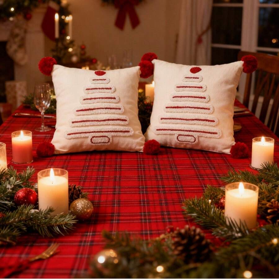 Christmas Living Room Sofa Cushion Covers, Headboard Cushion Covers, Cushions And Pillowcases With Christmas Tree Pattern, Pack Of Two, White. - Red and White - View 1