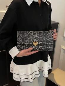 2025 Summer New Personalized Envelope Clutch Bag, Cow Print & Leopard Print Stylish Chic Handbag For Women - Black - View 5