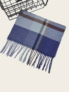 新款冬季格子双面流苏保暖围巾，男女通用，百搭，适合作为教师/学生生日礼物，长款保暖围脖，休闲优雅，日韩风格 - 藏青色 - 查看 2