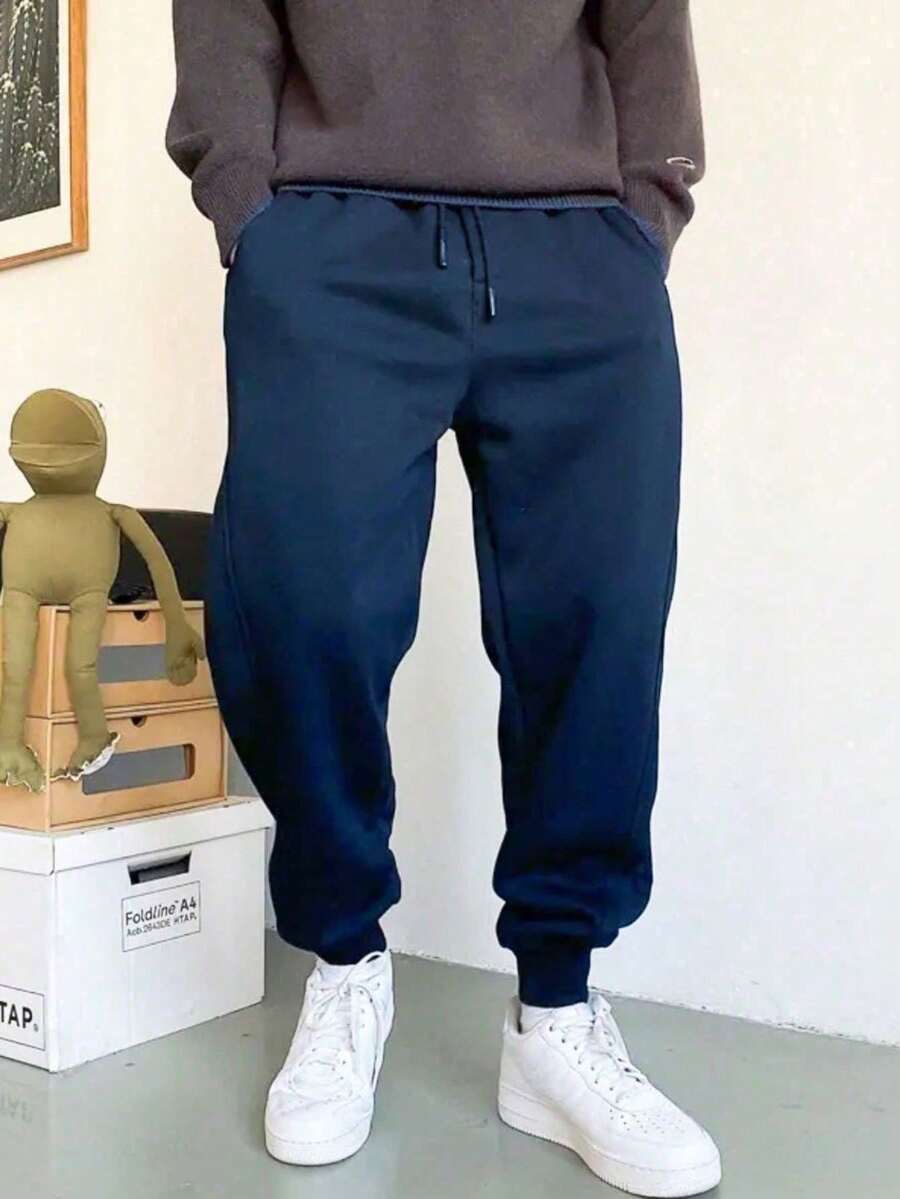 Men's Slim Fit Jogger Sweatpants With Pockets And Cuffs, Unisex, On - Navy Blue - View 1