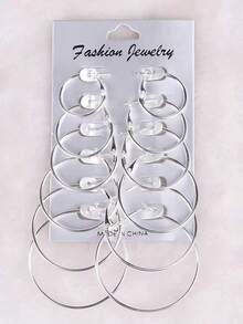 12pcs/Set Hoop Earrings Set Stainless Steel Big And Small Different Size Circle Exaggerated C-Shaped Decor Gold Hoops Silver Round Hoops Earrings Classic Jewelry Gift Set For Women & Men & Girls Daily Earrings - 銀色 - 查看 5