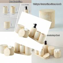 SUQLBathroom Accessories Set Travertine Stone-Look 6 PCS Bathroom Accessory Set With Soap Dispenser Toothbrush Holder Tumbler Vanity Tray Cotton Swab Jars For Countertop Yellow J - 黃色 - 查看 6
