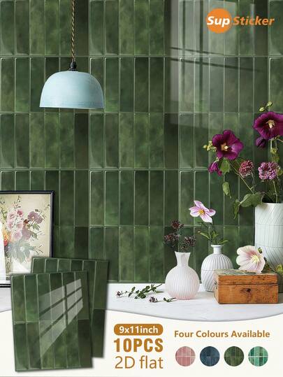 10pcs Vintage Morandian Style 2D Faux Ceramic Tile Pattern Wall Stickers, PVC Material, Waterproof & Oil-Proof, Easy To Clean, Suitable For Kitchen Backsplash, Bathroom Wall, Furniture Surface DIY, Home Decor Renovation