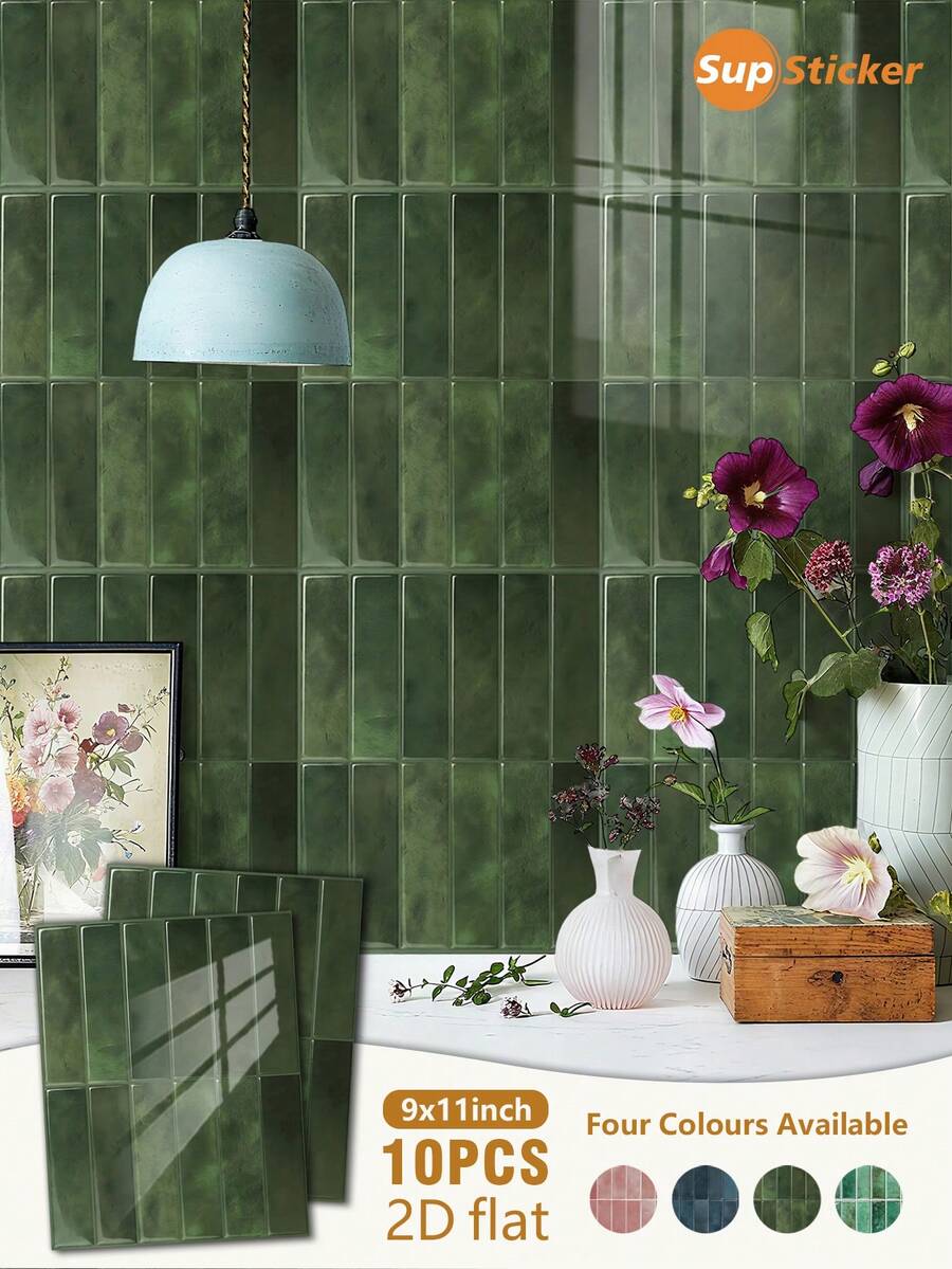 10片几何竖条纹2D仿瓷砖墙贴，PVC材质，防水防油，易清洁，适用于厨房、浴室、家具DIY装饰 - 彩色 - 查看 1