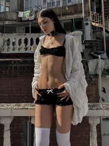 Spring/Summer Versatile Street Photography Solid Color Bowknot Ruffle Women's Shorts Black - Black - View 9