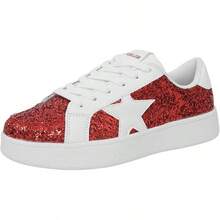 Niluber Star Sneakers For Women Low Top Cushioned White Gold Sliver Leopard Platform Sneakers Lace Up Red Glitter Platform Party ShoesChristmas - 紅色閃光 - 查看 12
