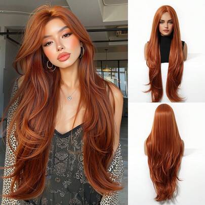 Tóc giả dài 32 inch, màu nâu, kiểu gợn sóng, dành cho nữ, phù hợp sử dụng hàng ngày và dự tiệc, chịu nhiệt, tóc giả cosplay.