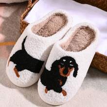 1 Pair Couple's Cute Cartoon Animal (Cat & Dachshund Dog) Decor Fleece-Lined Warm Quiet Non-Slip Couple Home Slippers, Korean Style New Style For Indoor Winter,House Slippers & Couple Slippers,Men' Slippers & Women's Slippers,Cat Slippers & Dog Slippers - 白鞋臘腸狗 - 查看 3