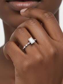 1pc Women's Wedding Ring, Minimalist Rectangular Ring, 2g 925 Sterling Silver, 2 Carat Moissanite, Bohemian Palace Style, Engagement, Wedding, Anniversary, Valentine's Day Gift, Comes With Moissanite Certificate And Elegant Gift Box