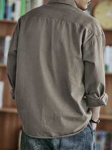 Camisa casual para hombre, unicolor, cómoda, multibolsillos, estilo retro, adecuada para uso diario, primavera/otoño - Camel - Ver 4