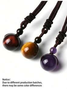 Adjustable Braided Cord Necklace With Round Black Obsidian & Purple Tiger Eye Crystal Pendant, Unisex Natural Crystal Bead Chakra Necklace - Multicolor - View 1