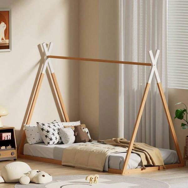 Single Bed Frame, Platform Wooden Montessori Beds Base With Plywood Slat, Timber Frames House Bed, Cot Bedroom Home Furniture, Modern Design Oak, Easy Assembly
