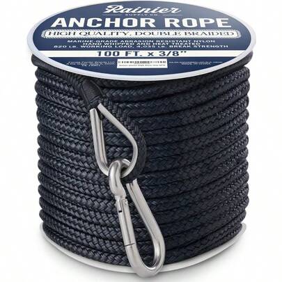 RainierSupplyCo Boat Anchor Rope Double Braided Marine Rope Anchor Line 100 Ft X 3 8 Inch Nylon Boating Line With 316 Stainless Steel Thimble And Heavy Duty Marine Grade Bow Shackle Black
