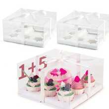 1/5 Packs 10*10*5inch Plastic Clear Bento Box, Cupcake And Cake Box, 5 Cupcake Cavities And 1 Cake Slot, With Ribbon ,Cupcake Cake Baking Supply Box, Treats, Donuts And More - Multicolor - View 2
