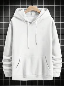 Men's Solid Color Drop Shoulder Long Sleeve Drawstring Pocket Casual Hoodie, Autumn/Winter, Back To School Season - White - View 3