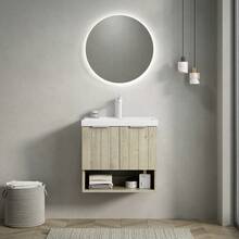 KAIRO Lavabo de Baño Montado en la Pared de 55cm con Lavabo de Cerámica Rectangular Blanco, Gabinete Rayado con Puertas Dobles y Estante Abierto, Color de Grano de Madera de Roble Crema - Blanco + Blanco roto + Cerámica + Contrachapado - Ver 1