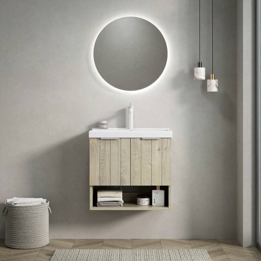 KAIRO Lavabo de Baño Montado en la Pared de 55cm con Lavabo de Cerámica Rectangular Blanco, Gabinete Rayado con Puertas Dobles y Estante Abierto, Color de Grano de Madera de Roble Crema - Blanco + Blanco roto + Cerámica + Contrachapado - Ver 1