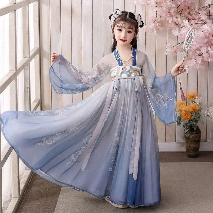 Summer Tang Girls Dresses Cosplay Perform Baby Hanfu Vestidos Party Long Chinese Dress Girl Costume Kids Clothes Children Outfit - 2-藍色風扇 - 查看 1
