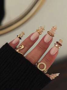 10 Handmade Almond-Shaped Press-On Nails: Gold 3D Lines, Mirror Powder & Crystal Chain Accents – High-End, Sexy & Luxe