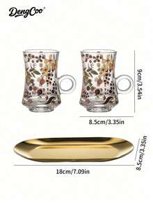 Dengcoo 3pcs Teacup And Saucer Set, Flower And Leaf Pattern Glass And Plate Set, Coffee Mug, Tea Cup, Water Cup, Milk Tea Cup, Cup With Handle, Gold Serving Tray, Snack Tray, Dessert Tray, For Home, Cafe, Saudi National Day - Cup - View 7