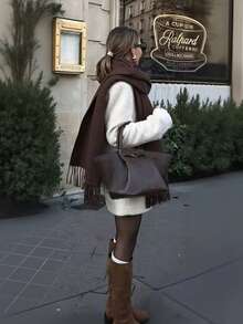 1pc Coffee Wool Women's Winter Scarf Soft Pashmina Chic Winter Fall Shawls And Wraps For Wedding And Gift Evening Dresses Travel Office Large Plain Tassel Scarves Casual Accessories Women