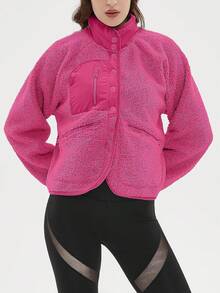 Women's Pellet Fleece Jacket,Soft Fuzzy Long Sleeve Short Winter Coat,Button Down Cozy Plush Outerwear - 玫紅色 - 查看 4