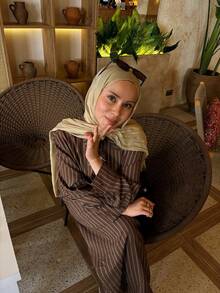 Elegant Women's Modest Brown Striped Button-Up Long Sleeve Regular Fit Woven Top With Cardigan Collar - Brown - View 2