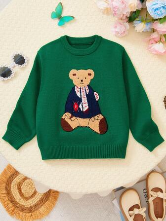 Girls' Sweater With Cartoon Bear Embroidery, Warm Elastic Knitted Pullover, Elegant Minimalist Design, Suitable For 4-12 Years Old Children, Casual Versatile Top For Autumn And Winter