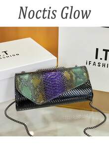 1pc Women's New Autumn/Winter Snake Skin Pattern Shoulder Bag, Gradient Color Crossbody Bag, Luxury Classic Handbag, Wallet Set Women's Fashion Python Scale Printed Shoulder Bag One-Shoulder Mobile Wallet Card Wallet-Porcelaine Print - 紫色 - 查看 5