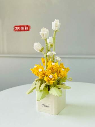 390+Pcs Bouquet Potted Plant Building Blocks, ABS Material, Creative Bouquet + Vase Combination, Gift For Men And Women, DIY Indoor Decor