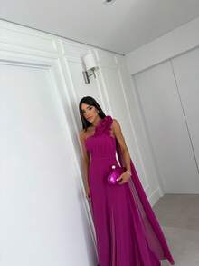 Long, Non-Sparkly Chiffon Party Dress For Bridesmaid, Graduation, Wedding, Or Floral Dress. - 玫瑰紅 - 查看 3
