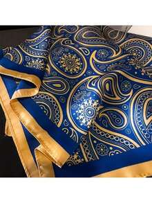 A New Women's Printed Paisley 70 Satin Square Scarf Bandana Fashionable Versatile Women's Scarf Silky Soft Scarf Hairband Headscarf Windproof Sunscreen Hair Accessory Square Scarf - Blue - View 9