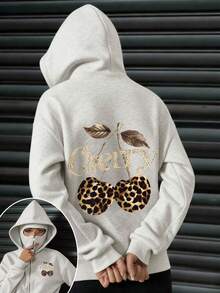 超大长款拉法帽，豹纹樱桃印花，女士双帽拉链开襟卫衣，带口袋，抓绒保暖，适合秋冬春季穿着，可用于度假、上学、居家、日常、街头、拍照等场合，风格简约、Y2K、休闲、学院风、街头风、办公室风、可爱风、辣妹风，适合秋季、冬季、圣诞节、新年等各种场合，也是外出必备单品，时尚百搭。 - 淺灰色 - 查看 2