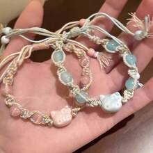 New Chinese Style Blue Cat Beaded Bracelet Cute And Adorable KT Cat Multicolored Woven Rope Sweet Girl Heart Hand Jewelry - S121 Dây thừng nhiều màu sắc  [Xanh dương] - Xem 1