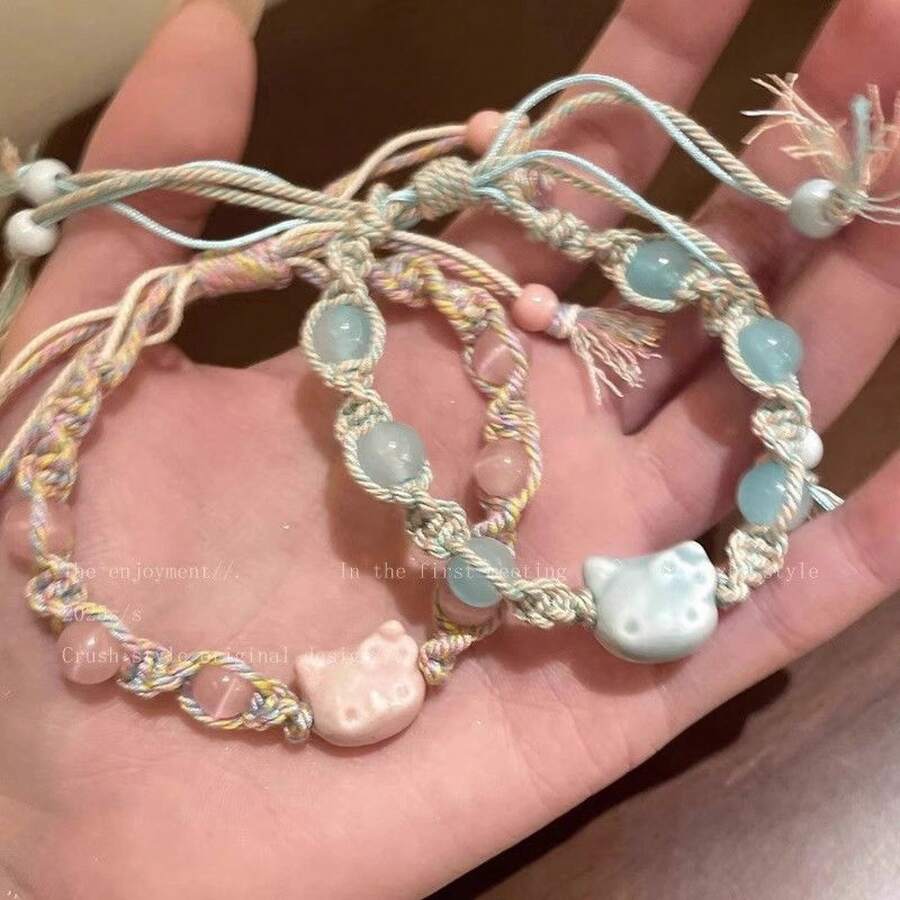 New Chinese Style Blue Cat Beaded Bracelet Cute And Adorable KT Cat Multicolored Woven Rope Sweet Girl Heart Hand Jewelry - S121 Dây thừng nhiều màu sắc  [Xanh dương] - Xem 1