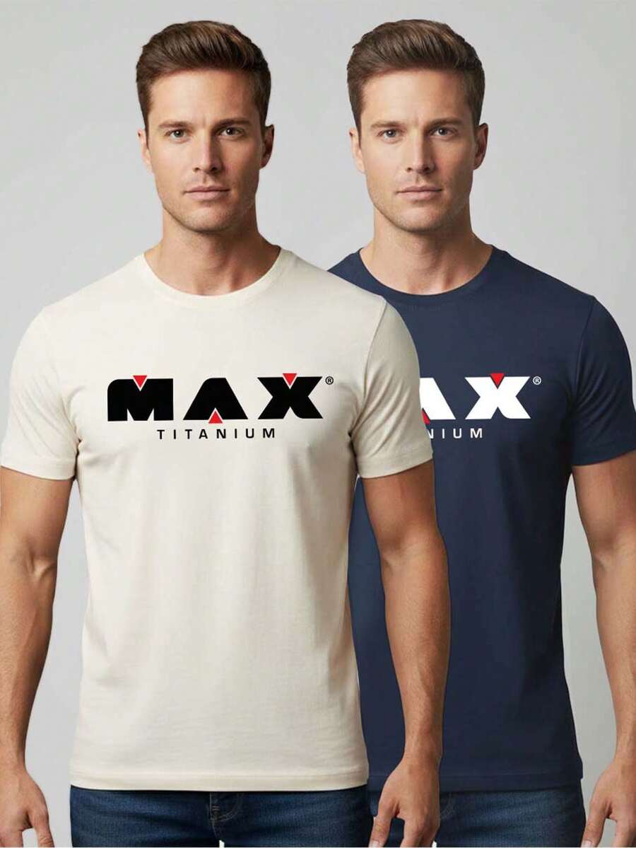 Kit Of 2 Men's T-Shirts 100% Cotton Tshirt Max T Clothing Summer Fashion Basic Everyday Wear - 奶油色 - 查看 1