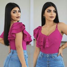 Bodysuit de olanes en el hombro, ajustado, elegante, sexy y asimétrico - Rosa Fucsia - Ver 1