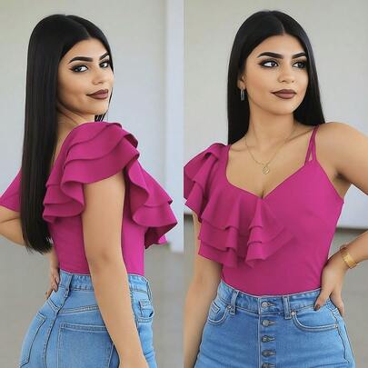 Bodysuit de olanes en el hombro, ajustado, elegante, sexy y asimétrico