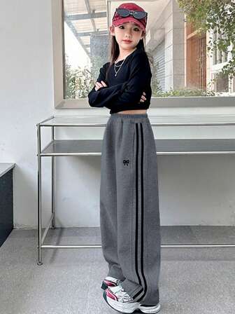 Tween Girls' Casual Versatile Colorblock Striped Wide Leg Pants