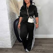 Women's Tracksuit Set, Casual LongSleeve Zip Up Jacket & Pants Set ForSpring & Fall, Women's Clothes For DailyWear - 黑色 - 查看 10