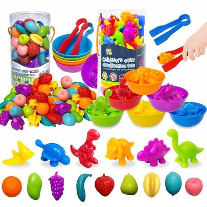 Montessori Early Learning Color Sorting Toys, Children's Cognitive Matching Animal & Fruit Game, Hand-Eye Coordination Toys, Suitable For Boys & Girls 3+ Years Old As Gift