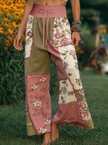 1pc Floral Print Pocket Drawstring Waist Plus Size Elegant Wide Leg Pants, Suitable For Vacation Pink Spring - Pink - View 7