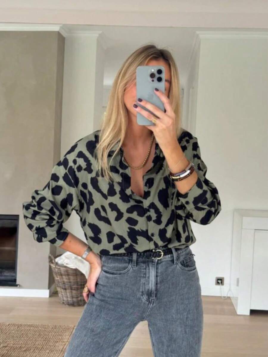 Women's Elegant Slimming Casual Leopard Print Long Sleeve Shirt With Turndown Collar, Versatile For Commuting And Outings, Spring/Summer Vacation - Army Green - View 1