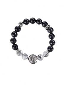 [VE] 1pc High-Quality S925 Silver Natural Colorful Agate & Black Obsidian Bracelet, Decorated With Elegant Shell Moon Pendant. Agate Is Multicolored And Obsidian Is Protective, Shell Moon Is Delicate And Romantic. Elastic Cord Design Fits Wrist Comfortably. Fashionable & Personalized, Great For Self-Wear Or Gift-Giving. Natural Gemstone Colors Are Random. - Bracelet - View 3